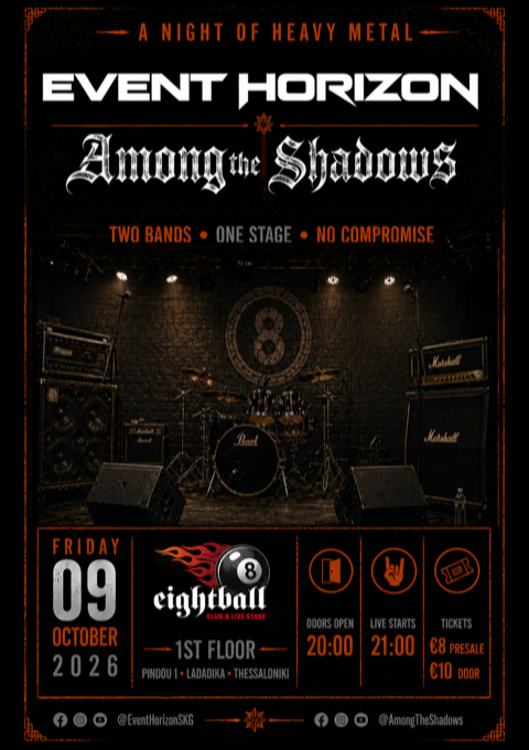 Event Horizon and Among the Shadows live at Eightball Club, Thessaloniki, Friday 9 October 2026